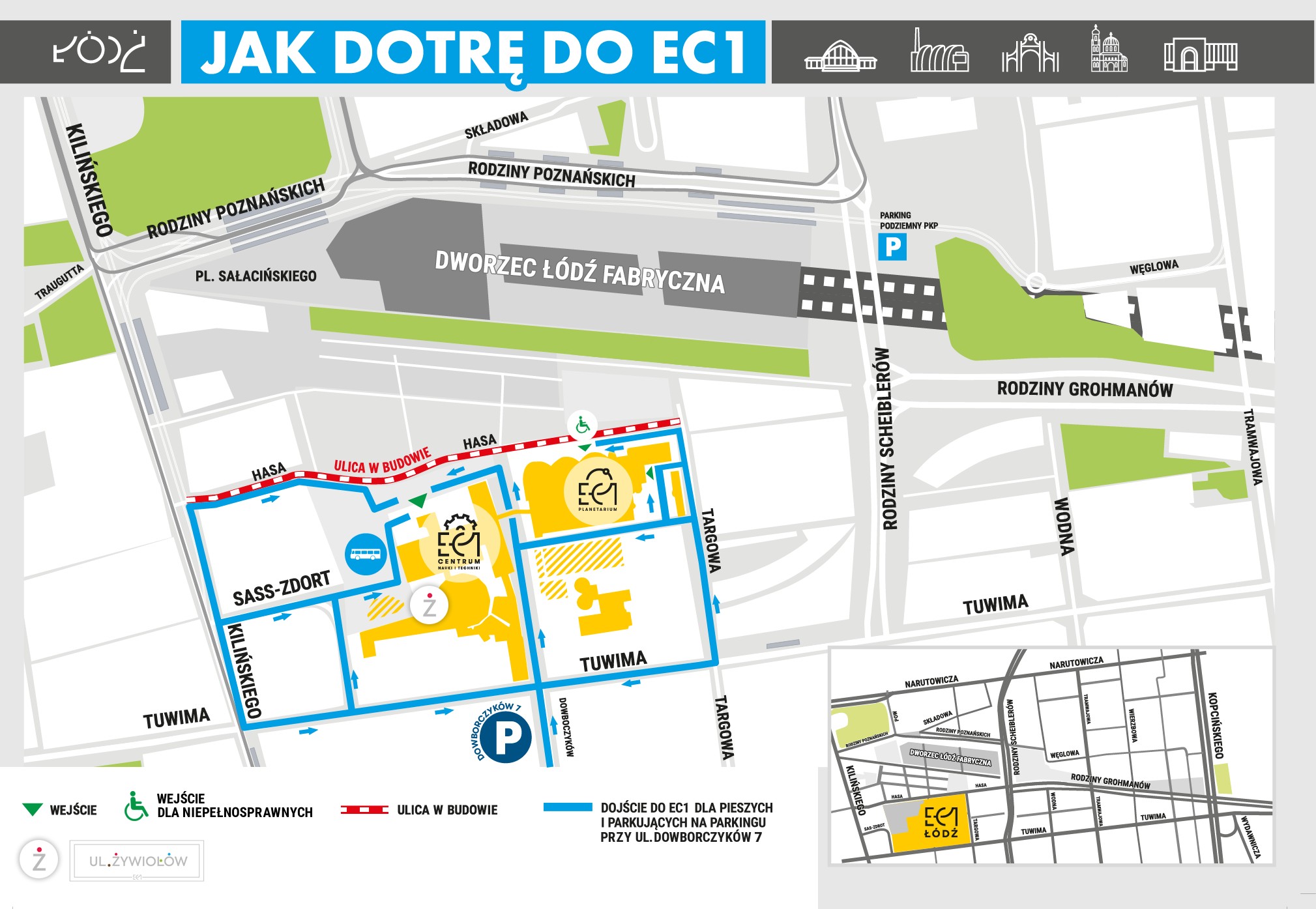 Mapa kompleksu EC1 Łódź z zaznaczonymi drogami dojazdu i dojścia